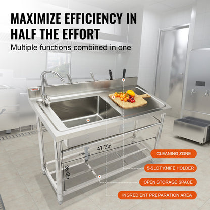 Edelstahlspüle, freistehendes Einzelbecken-Gewerbespülenset mit Arbeitsplatte, 47 x 19,7 x 37,4 Zoll, gewerbliche Spülen für Garage, Restaurant, Wäscherei, NSF-zertifiziert