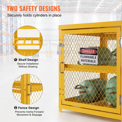 Horizontal Cylinder Storage Cabinet, 4 x 33 lbs Cylinder Capacity, 31.02x30.04x35 inch Propane Storage Cage, Gas Cylinder Cabinet, Yellow Powder Coat Finish, for Freon, Gases, Oxygen, Nitrogen