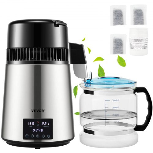 1.1Gal Water Distiller, 0.4Gal/H, Distilled Water Maker Machine 1750W 0-99H Timing Dual Temp Display, 304 Stainless Steel Countertop Distiller Glass Carafe Cleaning Powder 3 Carbon Packs, Silver