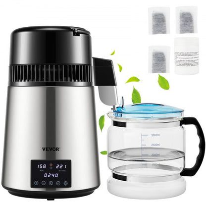 1.1Gal Water Distiller, 0.4Gal/H, Distilled Water Maker Machine 1750W 0-99H Timing Dual Temp Display, 304 Stainless Steel Countertop Distiller Glass Carafe Cleaning Powder 3 Carbon Packs, Silver
