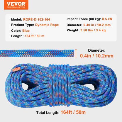10,2 mm dynamisches Kletterseil, 50 m (164 Fuß), Outdoor-Kletterseil, Blau