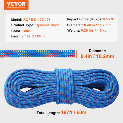 10,2 mm dynamisches Kletterseil, 60 m (197 Fuß), Outdoor-Kletterseil, Blau