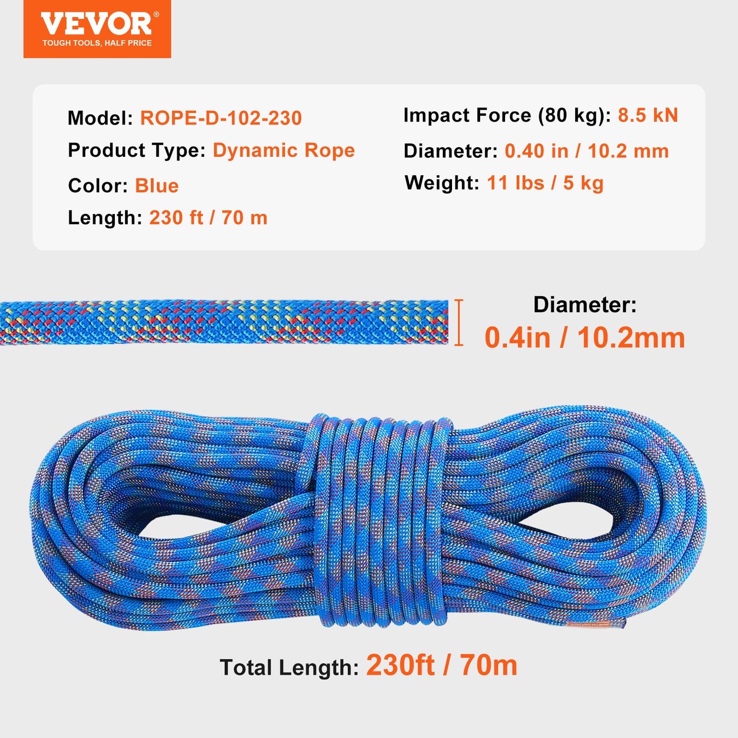 10,2 mm dynamisches Kletterseil, 70 m (230 Fuß), Outdoor-Kletterseil, blau