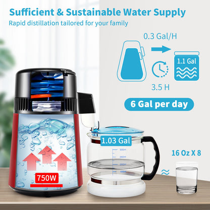 Water Distiller, 1 L/H, 4L Distilled Water Maker with 0-99 H Timing, 750W Countertop Water Purifier with Dual Temp Display, Glass Carafe Cleaning Powder 3 Carbon Packs Equipped, FDA Approved, Red