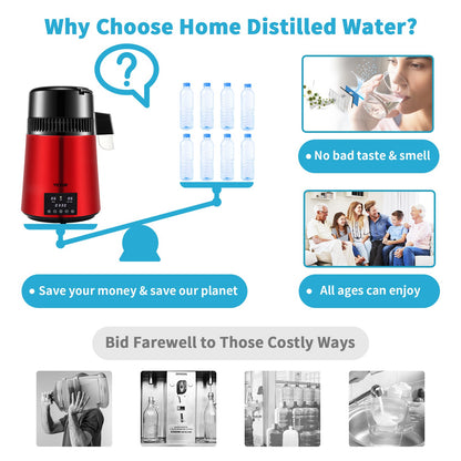 Water Distiller, 1 L/H, 4L Distilled Water Maker with 0-99 H Timing, 750W Countertop Water Purifier with Dual Temp Display, Glass Carafe Cleaning Powder 3 Carbon Packs Equipped, FDA Approved, Red