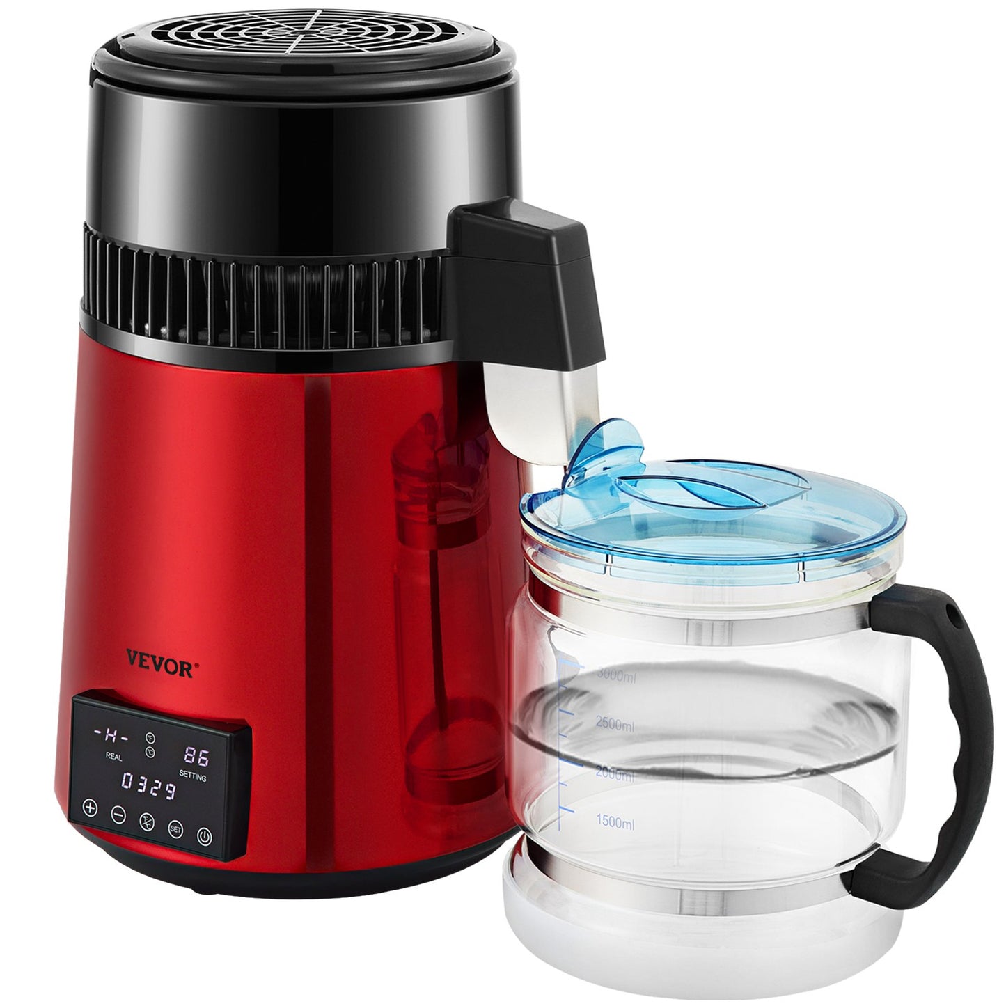 Water Distiller, 1 L/H, 4L Distilled Water Maker with 0-99 H Timing, 750W Countertop Water Purifier with Dual Temp Display, Glass Carafe Cleaning Powder 3 Carbon Packs Equipped, FDA Approved, Red