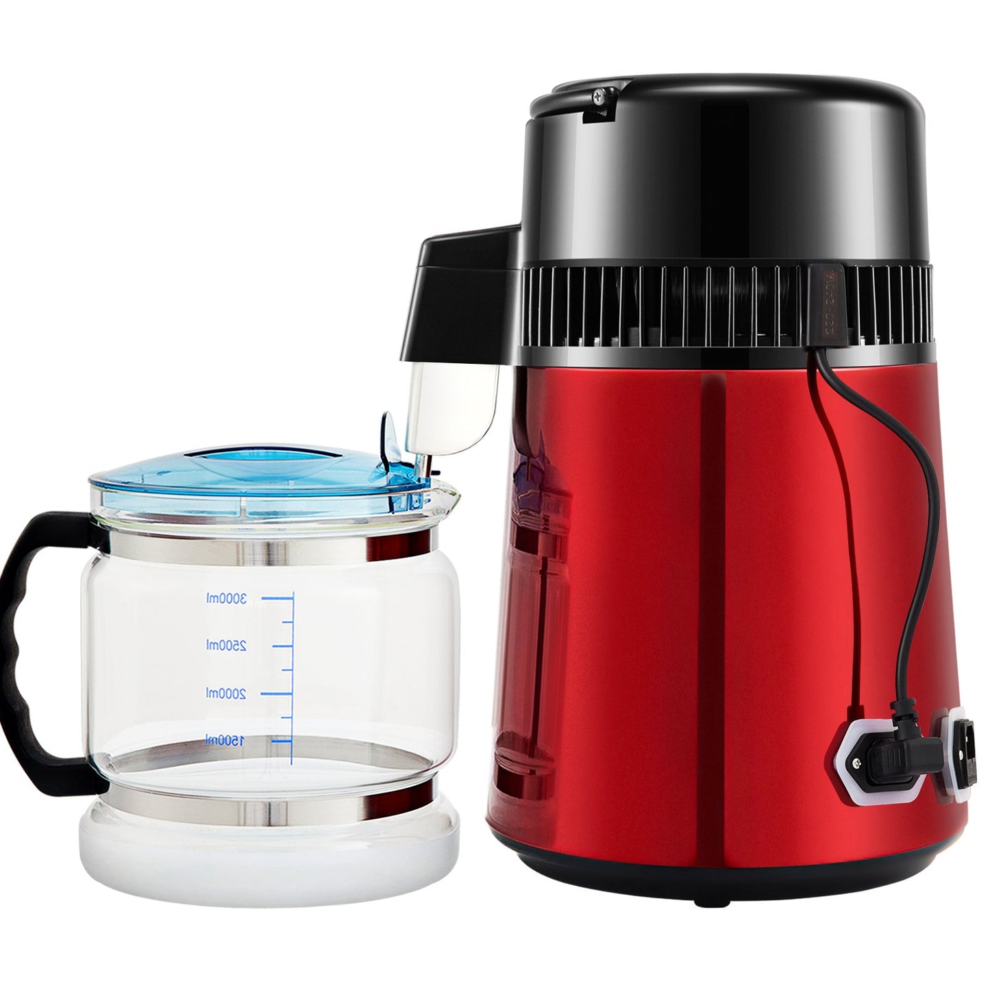 Water Distiller, 1 L/H, 4L Distilled Water Maker with 0-99 H Timing, 750W Countertop Water Purifier with Dual Temp Display, Glass Carafe Cleaning Powder 3 Carbon Packs Equipped, FDA Approved, Red