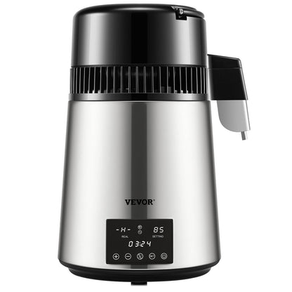Wasserdestilliergerät, 1 l/h, 4 l destillierter Wasserbereiter mit 0-99-h-Zeitsteuerung, 750-W-Wasserreiniger für die Arbeitsplatte mit doppelter Temperaturanzeige, Glaskaraffe-Reinigungspulver, 3 Aktivkohlepackungen enthalten, FDA-zugelassen, Silber