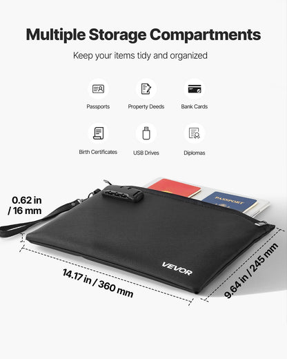 Fireproof Document Bag, 1832 ℉ Heat Insulated Fireproof & Waterproof Bag with Lock, Portable File Storage Security Organizer Home Office Travel Use, for Passports, Important Documents & Files