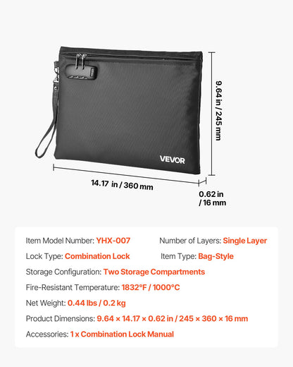 Fireproof Document Bag, 1832 ℉ Heat Insulated Fireproof & Waterproof Bag with Lock, Portable File Storage Security Organizer Home Office Travel Use, for Passports, Important Documents & Files