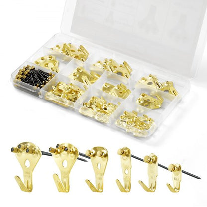 130 Pieces Picture Hanging Kit, 10lb, 20lb, 30lb, 50lb, 75lb and 100lb Picture Hangers, Metal Pictures Hanging Hooks with Nails for Mirror, Painting, Photo Frame on Drywall & Wooden Wall, Gold