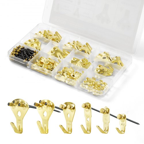 130 Pieces Picture Hanging Kit, 10lb, 20lb, 30lb, 50lb, 75lb and 100lb Picture Hangers, Metal Pictures Hanging Hooks with Nails for Mirror, Painting, Photo Frame on Drywall & Wooden Wall, Gold