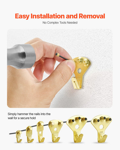 130 Pieces Picture Hanging Kit, 10lb, 20lb, 30lb, 50lb, 75lb and 100lb Picture Hangers, Metal Pictures Hanging Hooks with Nails for Mirror, Painting, Photo Frame on Drywall & Wooden Wall, Gold