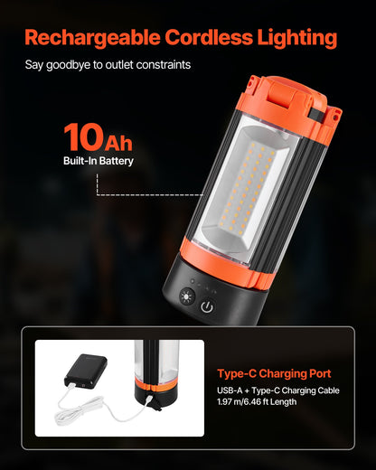 LED Work Light with Stand, 10Ah, Rechargeable Cordless Camping Light, with 3 Lamp Heads, Detachable Tripod Stand, 2200 Lumens 3000K-6500K Dimmable, Portable Construction Lighting for Job Site