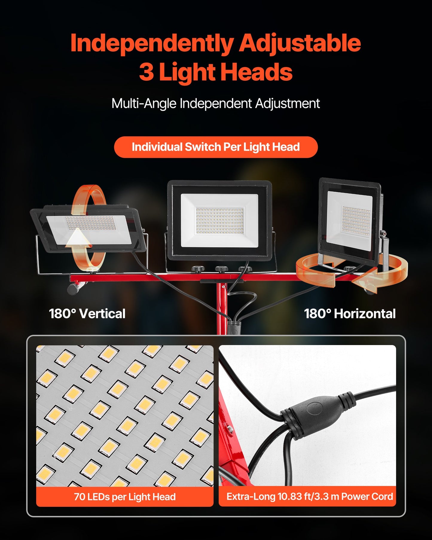 LED Work Light with Stand, 15000 Lumens, Three-Head Portable Camping Light with Individual Switch, Tripod Stand, 10.83 ft Power Cord, for Indoor Outdoor Job Site Construction, IP65 Waterproof