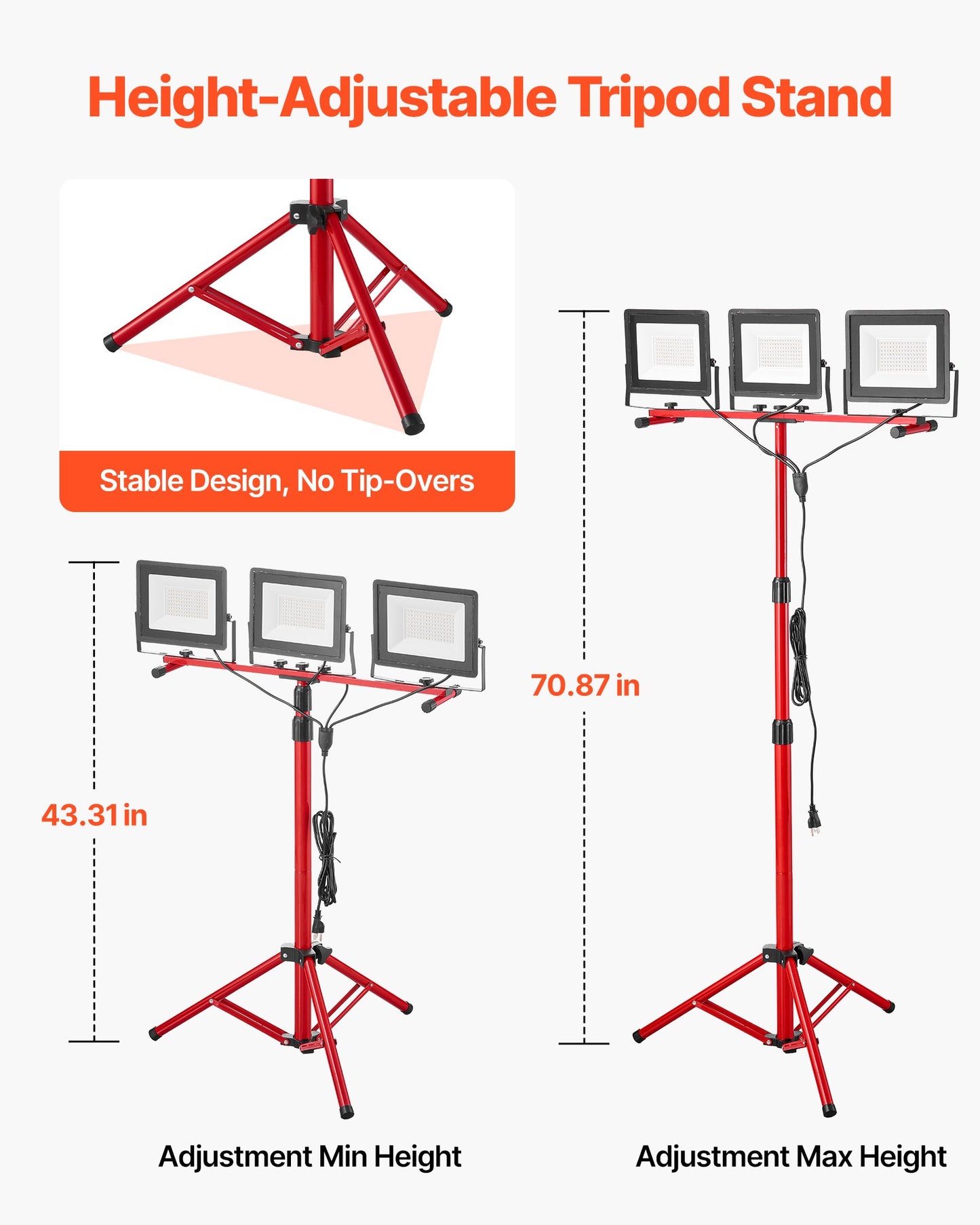 LED Work Light with Stand, 15000 Lumens, Three-Head Portable Camping Light with Individual Switch, Tripod Stand, 10.83 ft Power Cord, for Indoor Outdoor Job Site Construction, IP65 Waterproof