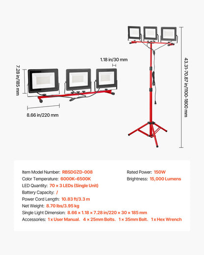 LED Work Light with Stand, 15000 Lumens, Three-Head Portable Camping Light with Individual Switch, Tripod Stand, 10.83 ft Power Cord, for Indoor Outdoor Job Site Construction, IP65 Waterproof