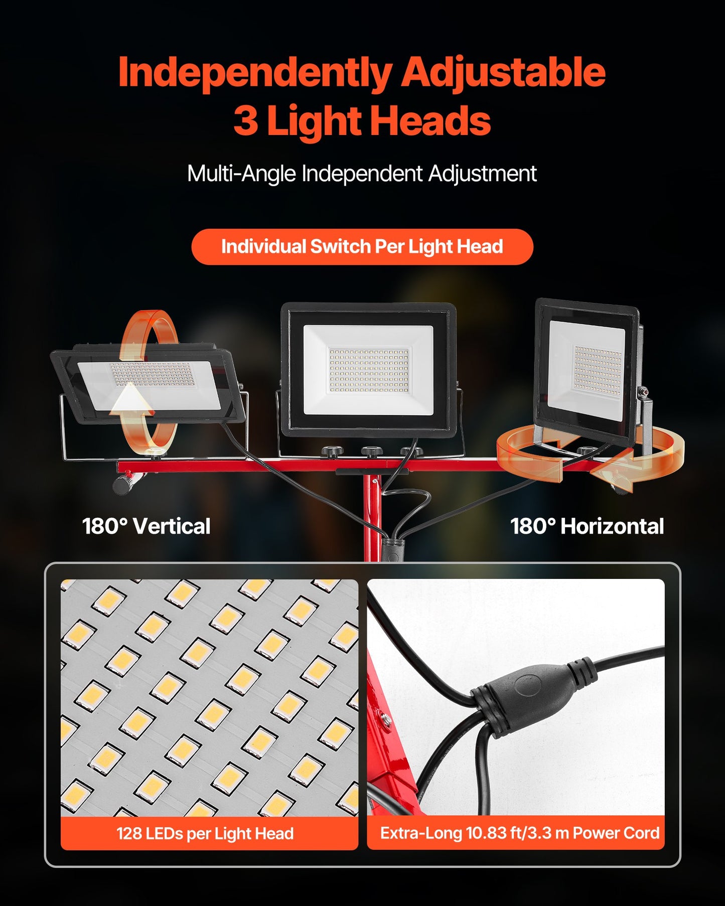 LED Work Light with Stand, 21000 Lumens, Three-Head Portable Camping Light with Individual Switch, Tripod Stand, 10.83 ft Power Cord, for Indoor Outdoor Job Site Construction, IP65 Waterproof
