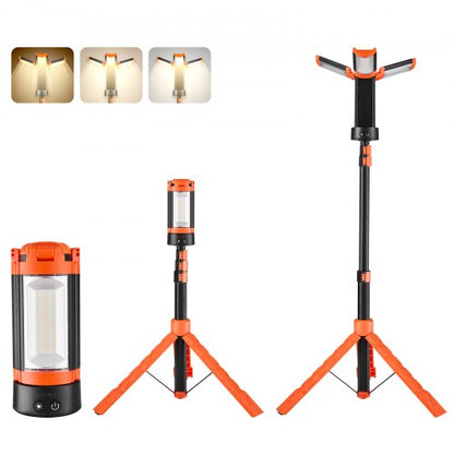 LED Work Light with Stand, 8Ah, Rechargeable Cordless Camping Light, with 3 Lamp Heads, Detachable Tripod Stand, 2200 Lumens 3000K-6500K Dimmable, Portable Construction Lighting for Job Site