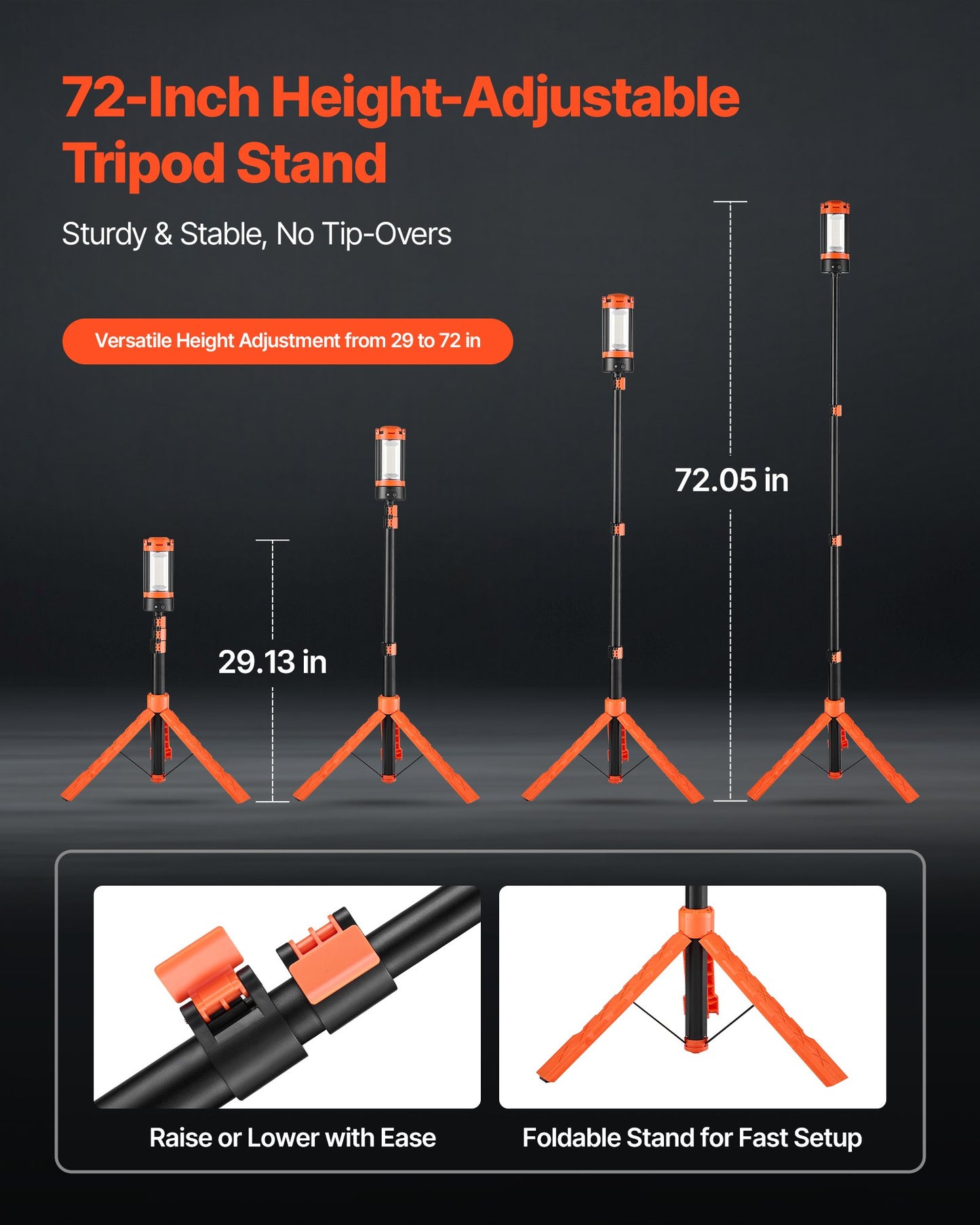 LED Work Light with Stand, 8Ah, Rechargeable Cordless Camping Light, with 3 Lamp Heads, Detachable Tripod Stand, 2200 Lumens 3000K-6500K Dimmable, Portable Construction Lighting for Job Site