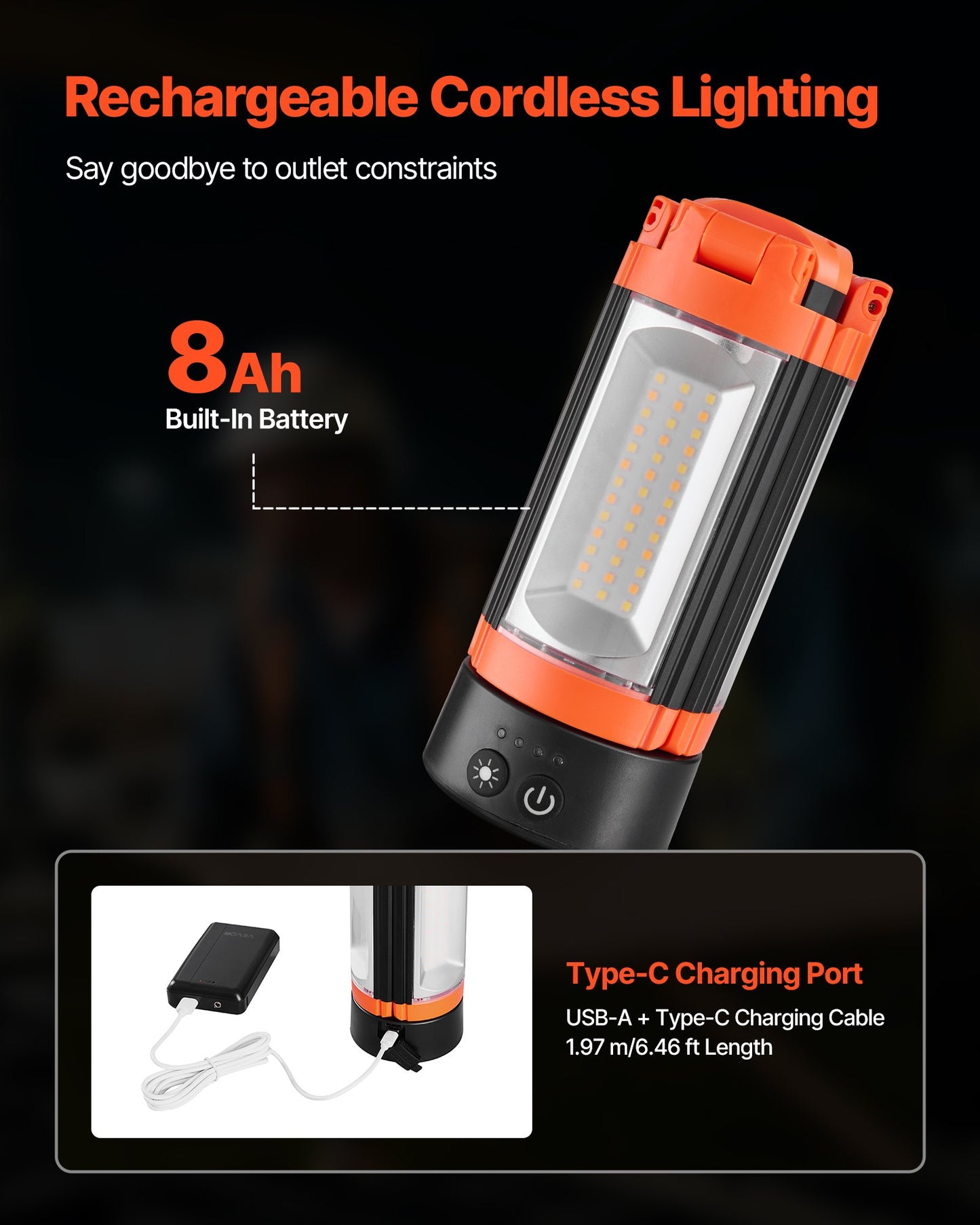 LED Work Light with Stand, 8Ah, Rechargeable Cordless Camping Light, with 3 Lamp Heads, Detachable Tripod Stand, 2200 Lumens 3000K-6500K Dimmable, Portable Construction Lighting for Job Site