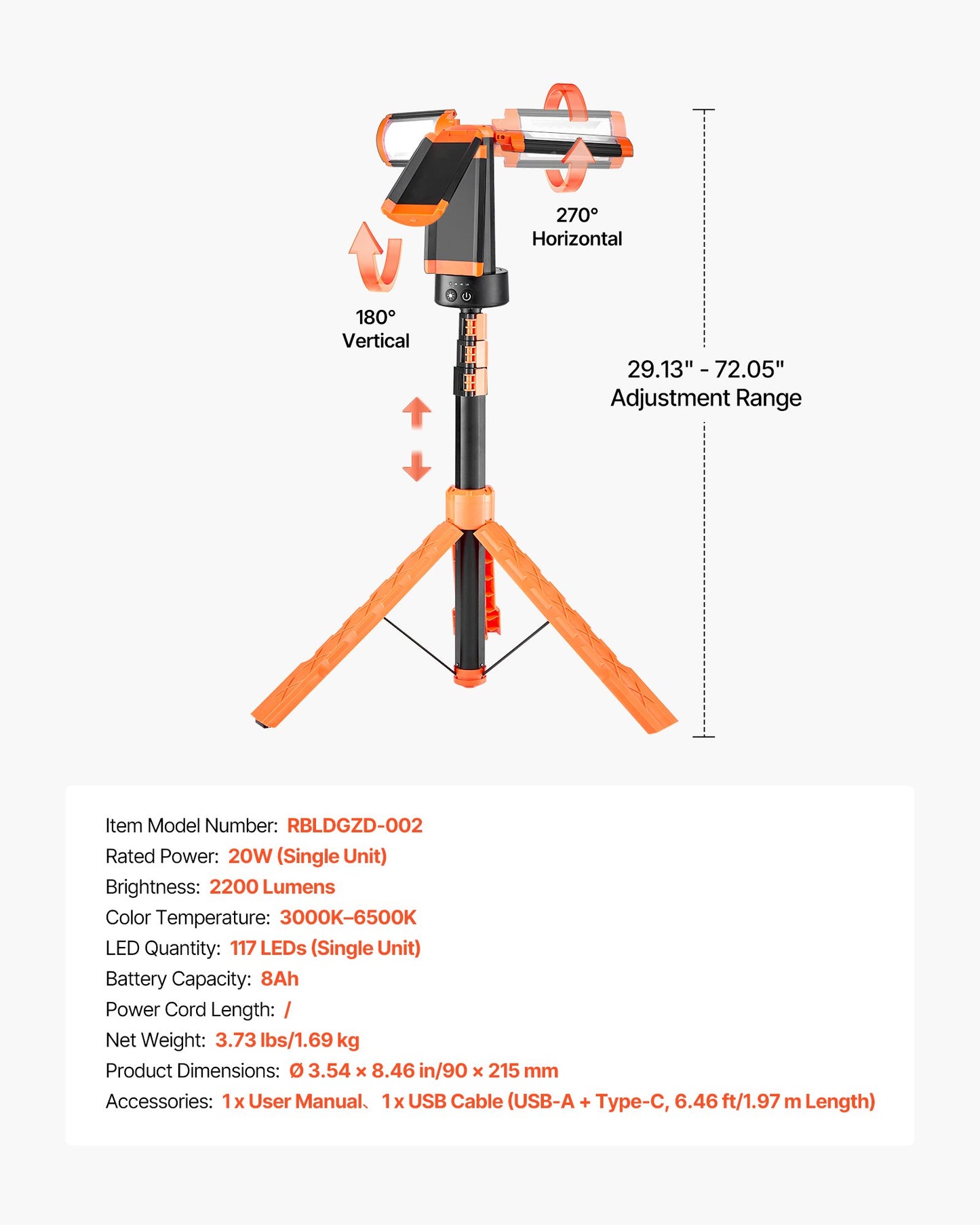LED Work Light with Stand, 8Ah, Rechargeable Cordless Camping Light, with 3 Lamp Heads, Detachable Tripod Stand, 2200 Lumens 3000K-6500K Dimmable, Portable Construction Lighting for Job Site