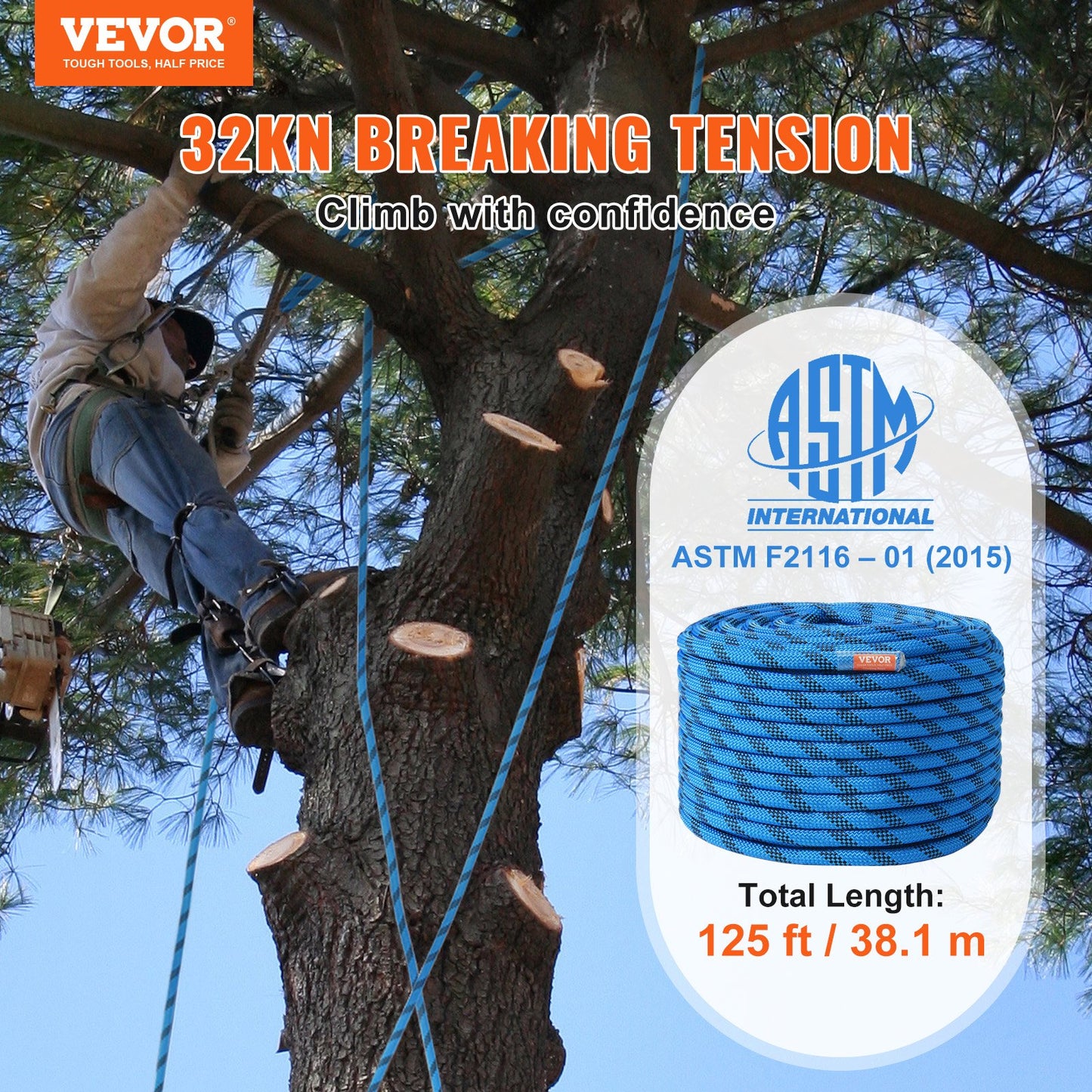 12,7 mm statisches Kletterseil, 38 m (125 Fuß), Outdoor-Kletterseil, Blau
