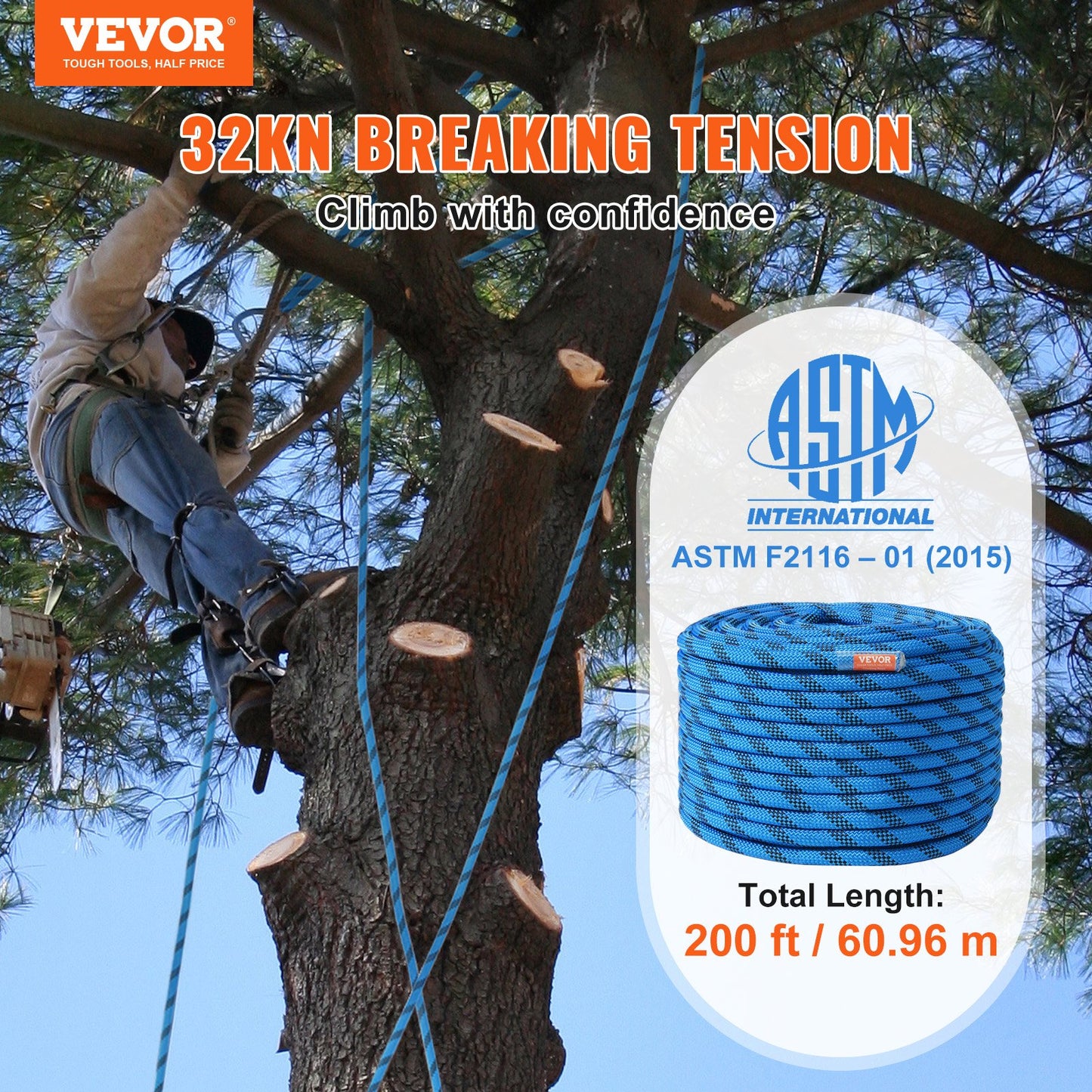 12,7 mm statisches Kletterseil, 60,9 m (200 Fuß), Outdoor-Kletterseil, Blau