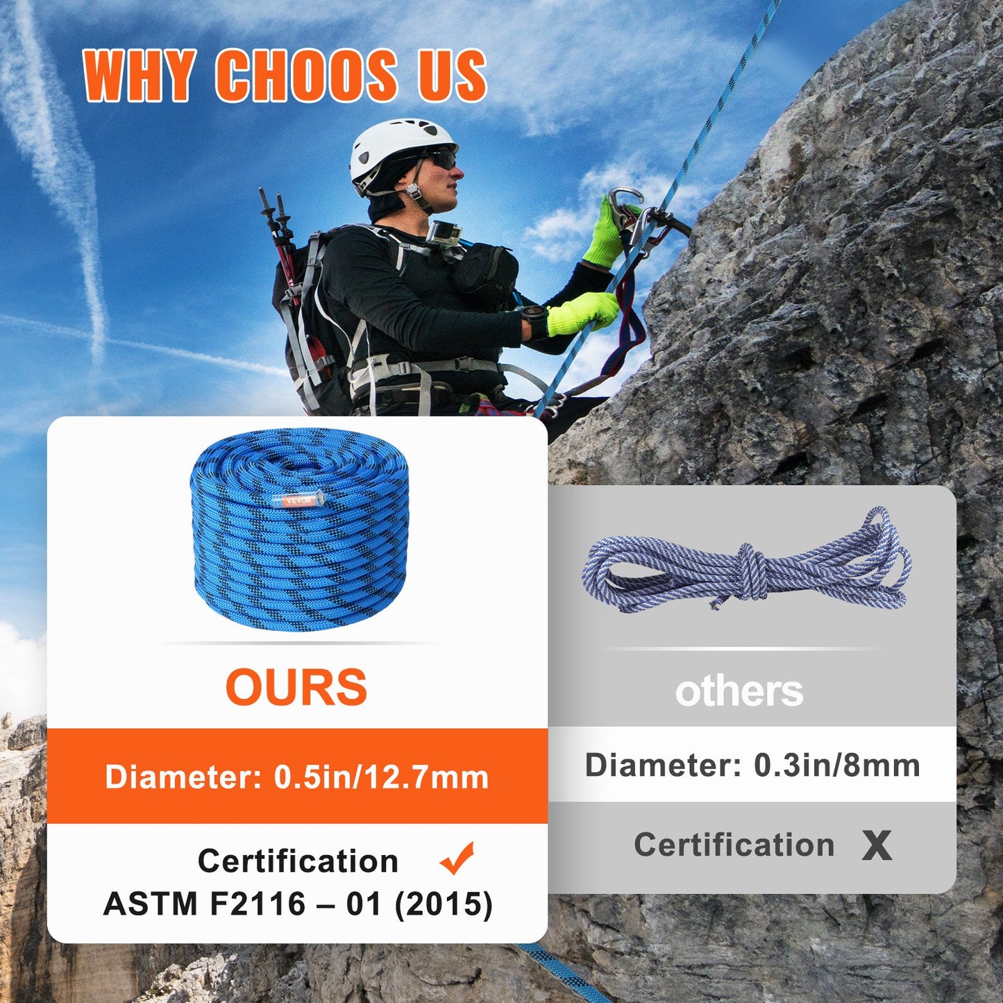 12,7 mm statisches Kletterseil, 60,9 m (200 Fuß), Outdoor-Kletterseil, Blau