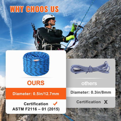 12,7 mm statisches Kletterseil, 60,9 m (200 Fuß), Outdoor-Kletterseil, Blau