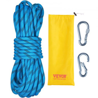 10.5 mm Static Climbing Rope, 9.7M(32ft) Outdoor Rock Climbing Rope 25KN Breaking Tension, Fiber Rope with Steel Snap Hooks for Escape, Rappelling, Fire Rescue, Blue
