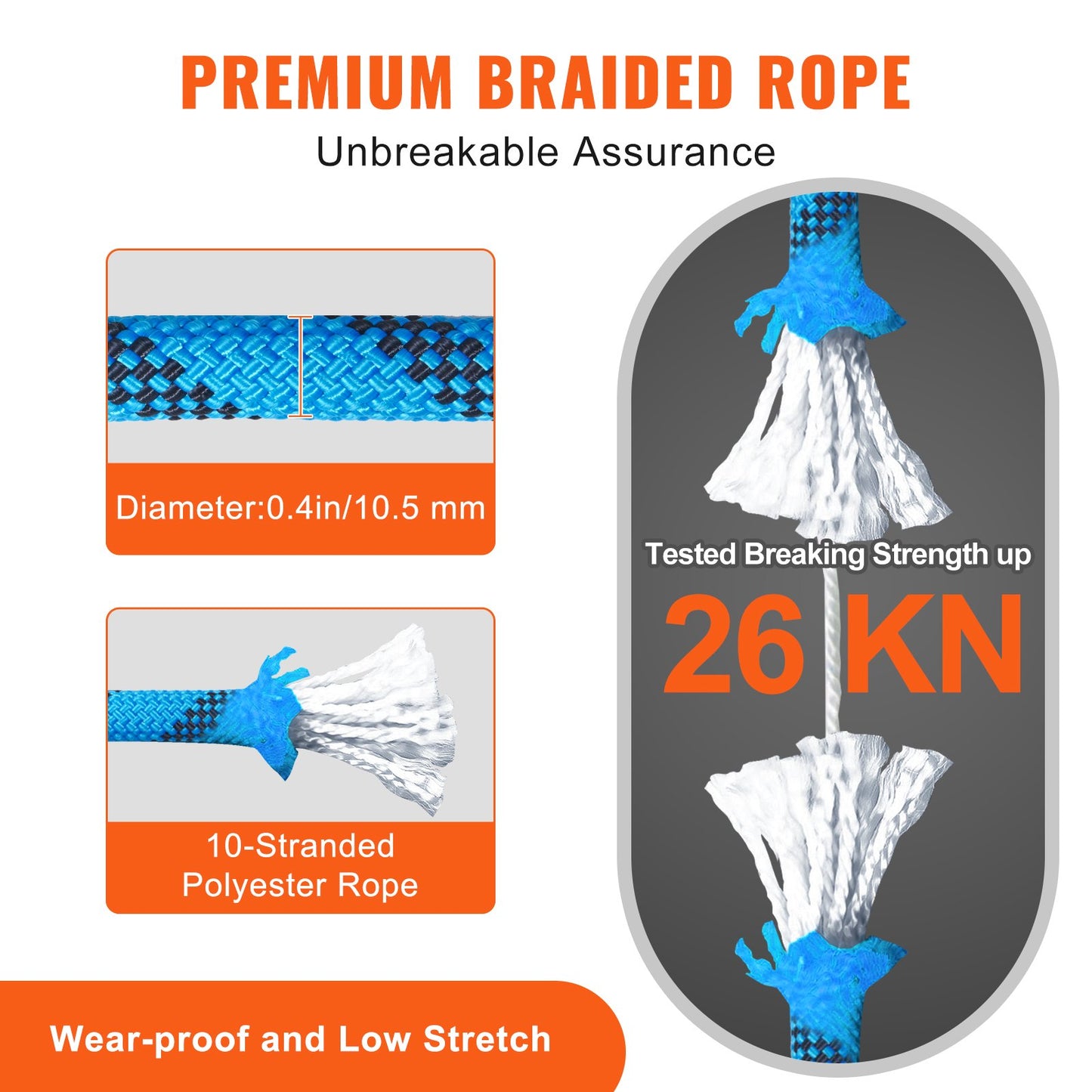 10.5 mm Static Climbing Rope, 9.7M(32ft) Outdoor Rock Climbing Rope 25KN Breaking Tension, Fiber Rope with Steel Snap Hooks for Escape, Rappelling, Fire Rescue, Blue
