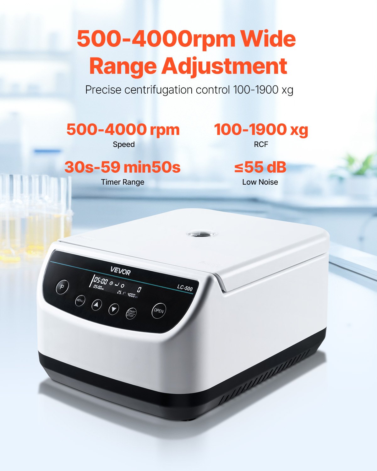 Centrifuge Machine, 100-1900xg RCF Electric Laboratory Centrifuge Machine with 1 Rotor for 2/5/10/15ml Tube Capacity, Low Speed 500-4000rpm with Timer, Widely Used in Various Experiments