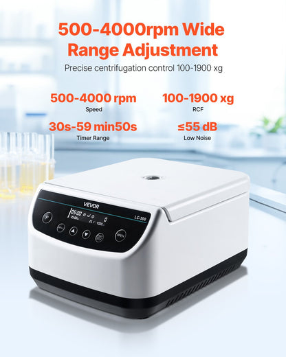Centrifuge Machine, 100-1900xg RCF Electric Laboratory Centrifuge Machine with 1 Rotor for 2/5/10/15ml Tube Capacity, Low Speed 500-4000rpm with Timer, Widely Used in Various Experiments