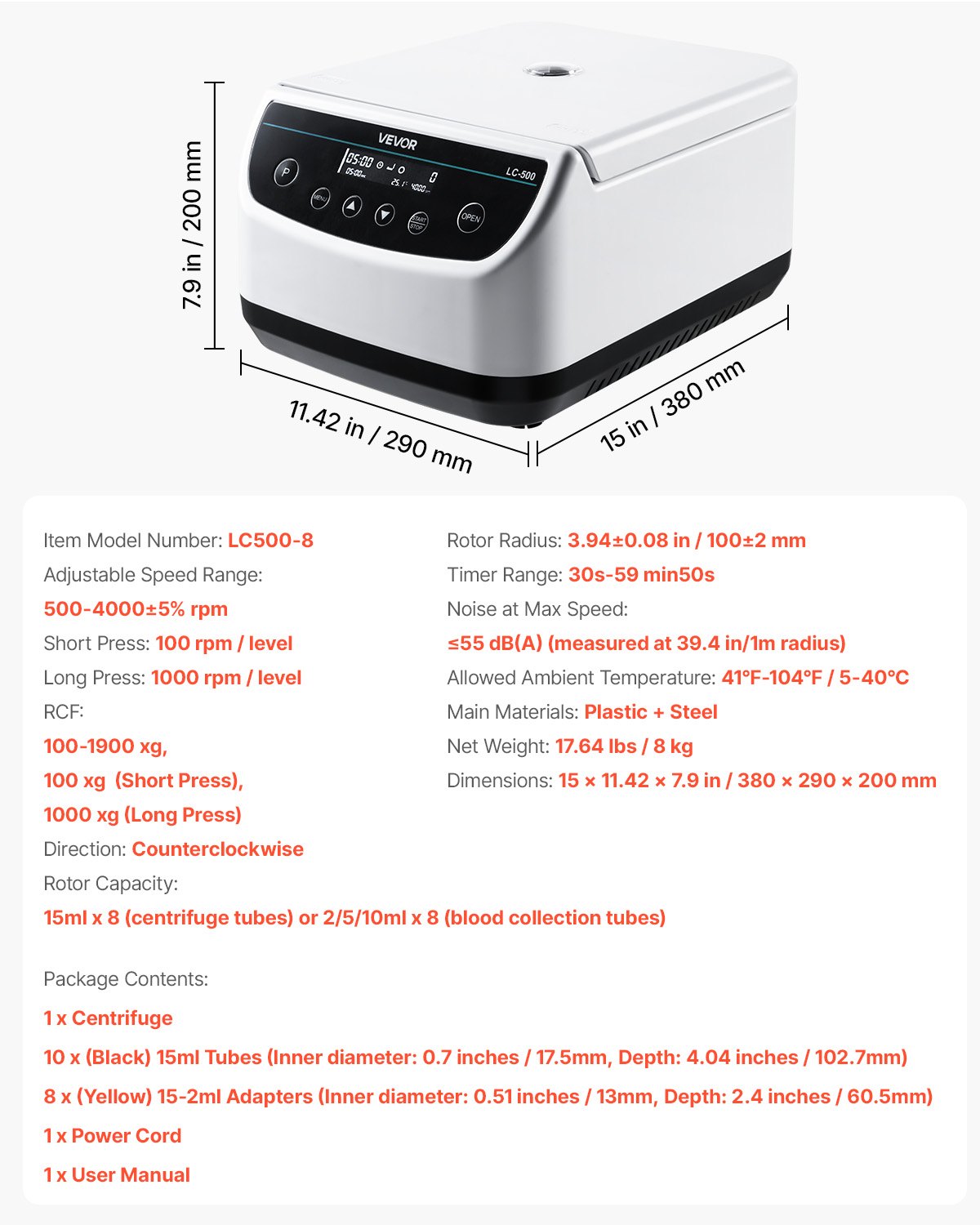 Centrifuge Machine, 100-1900xg RCF Electric Laboratory Centrifuge Machine with 1 Rotor for 2/5/10/15ml Tube Capacity, Low Speed 500-4000rpm with Timer, Widely Used in Various Experiments