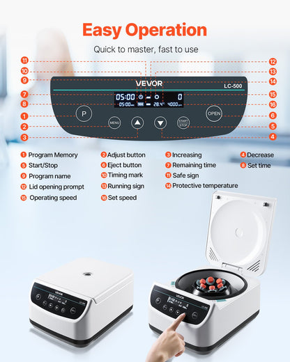 Centrifuge Machine, 100-2100xg RCF Electric Laboratory Centrifuge Machine with 1 Rotor for 2/5/10/15/50ml Tube Capacity, Low Speed 500-4000rpm with Timer, Widely Used in Various Experiments