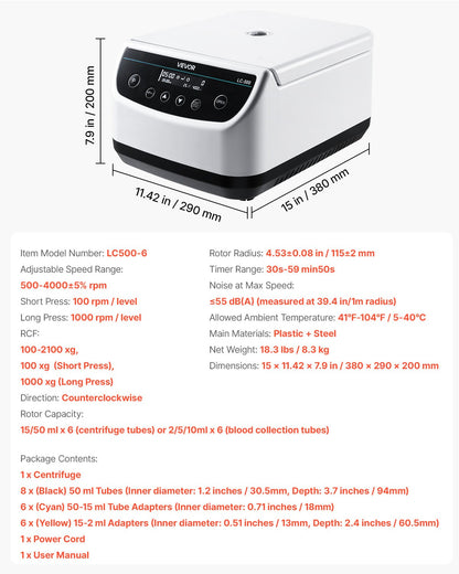 Centrifuge Machine, 100-2100xg RCF Electric Laboratory Centrifuge Machine with 1 Rotor for 2/5/10/15/50ml Tube Capacity, Low Speed 500-4000rpm with Timer, Widely Used in Various Experiments