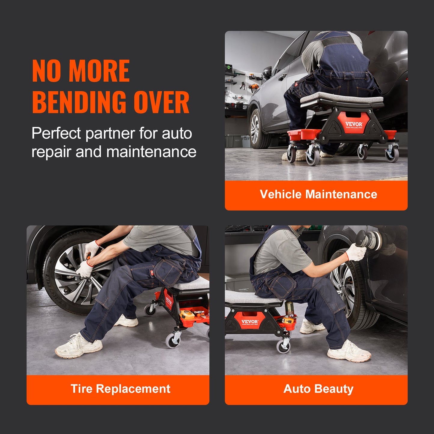 Mechanikerhocker, 300 Pfund Tragkraft, rollbarer Mechanikersitz mit 4-Zoll-Rädern, mit drei ausziehbaren Werkzeugablagen und Schublade, robuster Rollsitz für Zuhause, Garage, Heimwerker und Auto