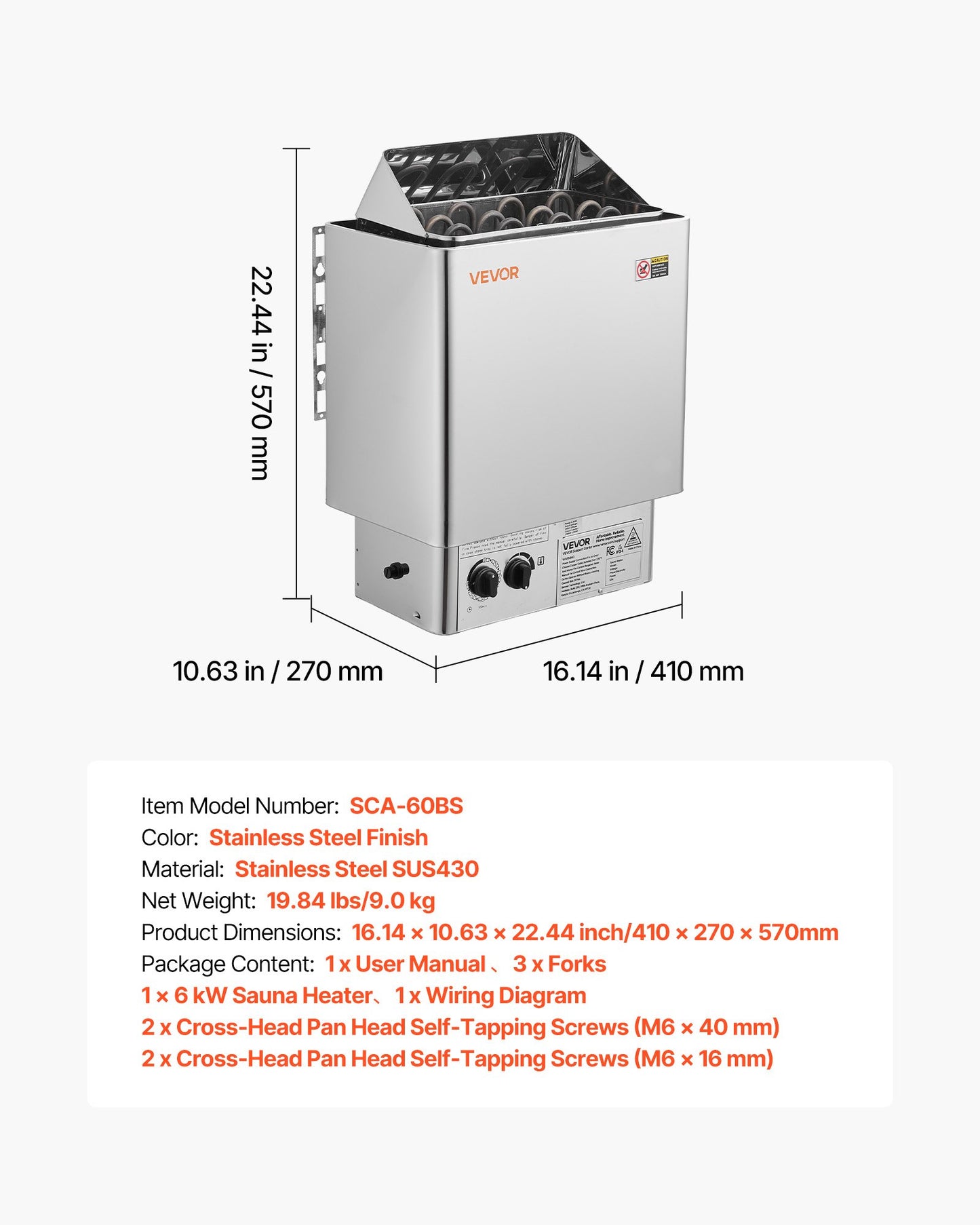 Sauna Heater, 6KW 240V Electric Sauna Stove, Dry Steam Bath Saunas Stove with Pre-Drilled Bracket, Fit 176.5 to 317.8 CU.FT Saunas Rooms, Steam Bath Stoves for Home, Commercial, Leisure Venues