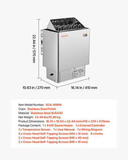 Sauna Heater, 9KW 240V Electric Sauna Stove, Dry Steam Bath Saunas Stove with Pre-Drilled Bracket, Fit 317.8 to 459 CU.FT Saunas Rooms, Steam Bath Stoves for Home, Commercial, Leisure Venues