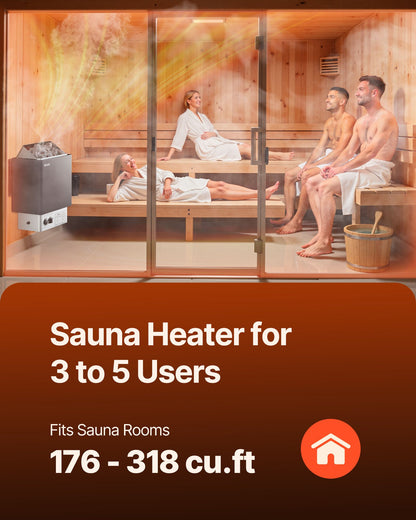 Sauna Heater, 6KW 220V Electric Sauna Stove, Steam Bath Sauna Heater with Built-In Controls, 3h Timer and Adjustable Temp for Max. 176-318 Cubic Feet, Home Hotel Spa Shower Use, FCC Certification