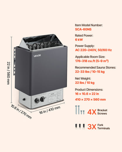 Sauna Heater, 6KW 220V Electric Sauna Stove, Steam Bath Sauna Heater with Built-In Controls, 3h Timer and Adjustable Temp for Max. 176-318 Cubic Feet, Home Hotel Spa Shower Use, FCC Certification