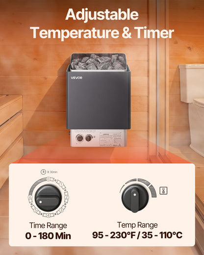9KW Sauna Heater, Steam Bath Sauna Heater with Built-In Controls, Electric Sauna Stove, 3h Timer and Adjustable Temp for Max. 317-459 Cubic Feet, Home Hotel Spa Shower Use 220V