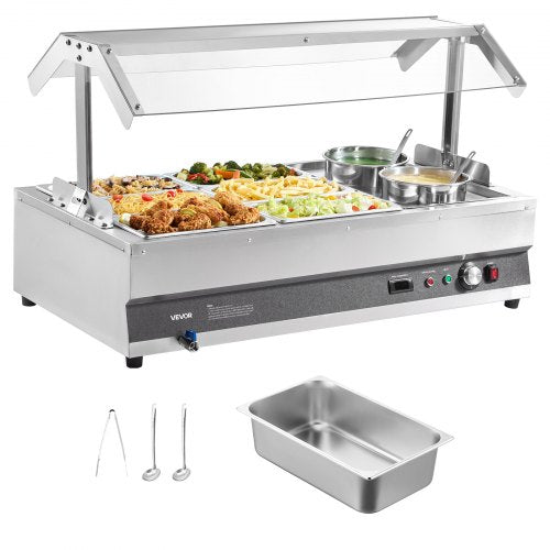 Electric Soup Warmer, Two 6.34QT Pots & Six 1/3 Pans, Stainless Steel Commercial Food Warmer with 86~185°F Adjustable Temp, 1500W Bain Marie with Cover, Soup Station for Restaurant, Buffet