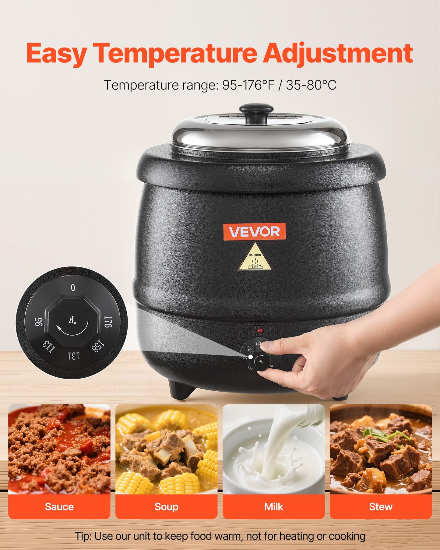 Electric Soup Warmer, 10QT Commercial Soup Kettle with 304 Stainless Steel Detachable Insert Pot, 95~176°F Adjustable Temperature, Soup Station for Restaurant and Big Family, Black