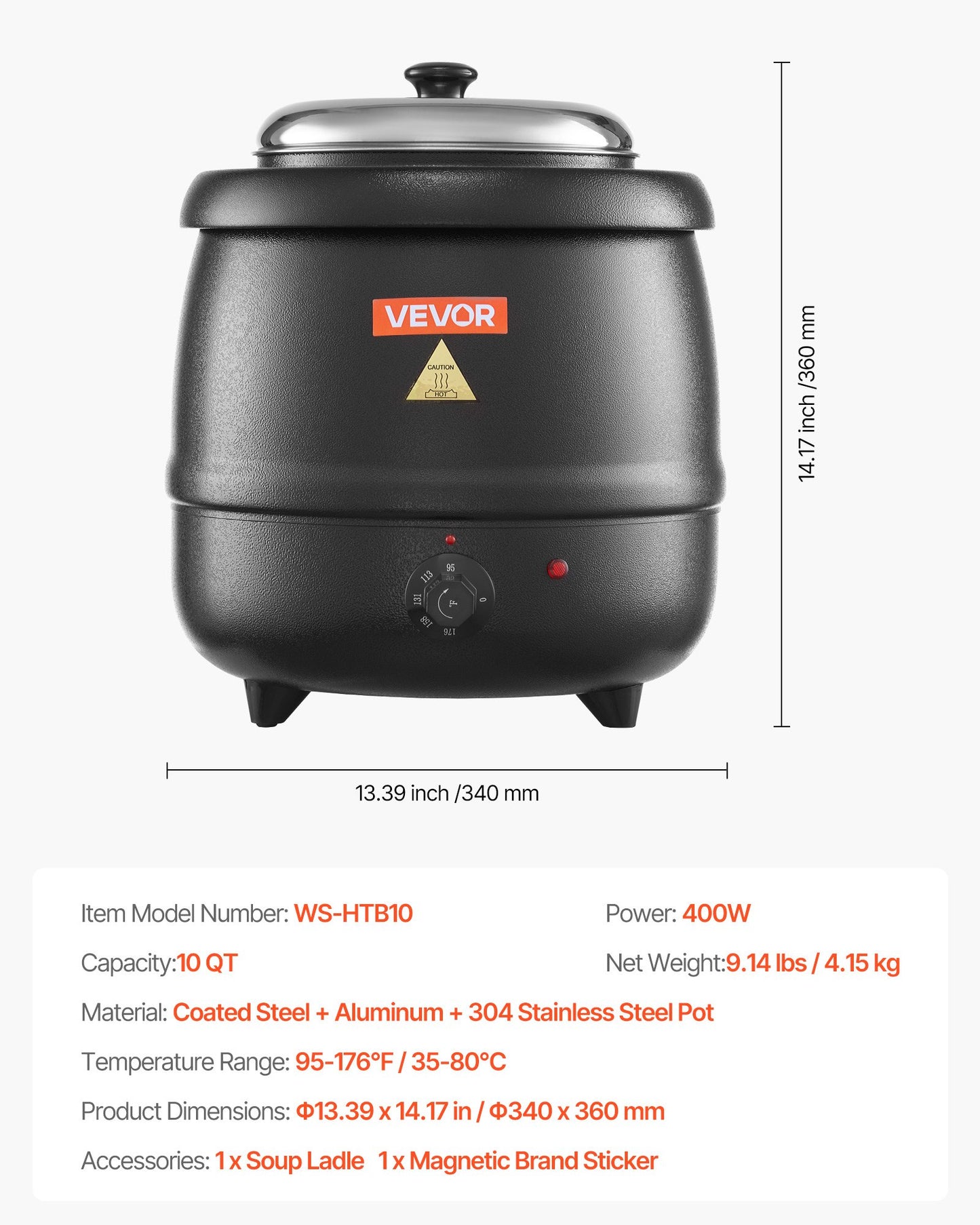 Electric Soup Warmer, 10QT Commercial Soup Kettle with 304 Stainless Steel Detachable Insert Pot, 95~176°F Adjustable Temperature, Soup Station for Restaurant and Big Family, Black