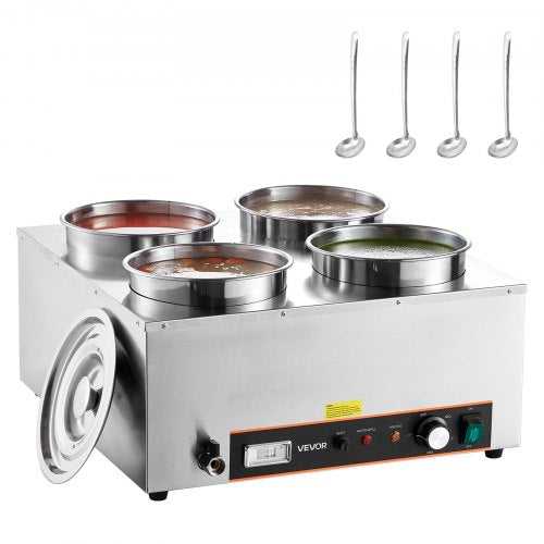 Electric Soup Warmer, Four 6.34QT Stainless Steel Round Pot with 86~185°F Adjustable Temp, 1500W Commercial Bain Marie with Anti-dry Burn and Reset Button, Soup Station for Restaurant, Buffet