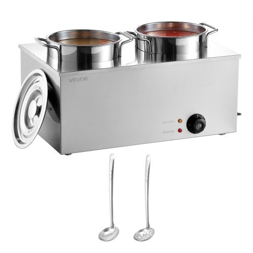 Electric Soup Warmer, Two 6.34QT Stainless Steel Round Pot with 86~185°F Adjustable Temp, 1200W Commercial Bain Marie Compatible with Pans, Soup Station for Restaurant, Buffet