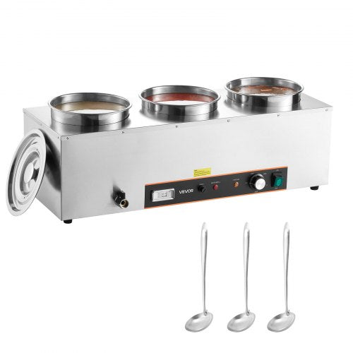 Electric Soup Warmer, Three 6.34QT Stainless Steel Round Pot with 86~185°F Adjustable Temp, 1500W Commercial Bain Marie with Anti-dry Burn and Reset Button, Soup Station for Restaurant, Buffet