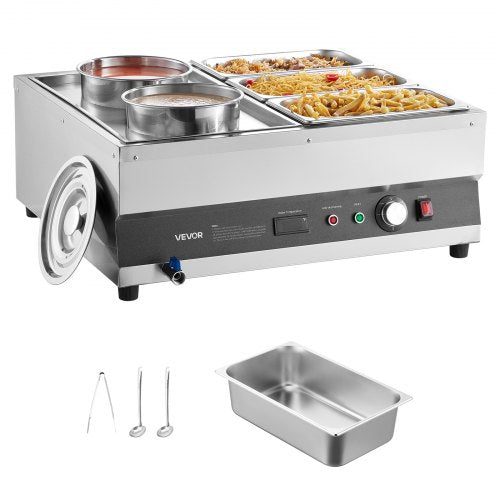 Electric Soup Warmer, Two 6.34QT Pots & Three 1/3 Pans, Stainless Steel Commercial Food Warmer with 86~185°F Adjustable Temp, 1500W Bain Marie, Soup Station for Restaurant, Buffet